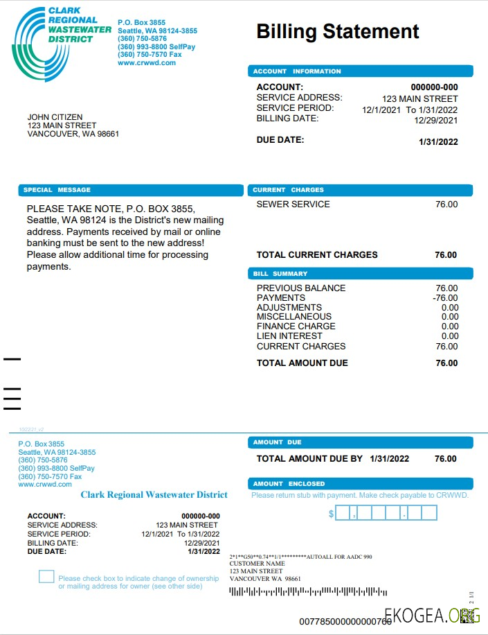 USA Washington Clark Regional Wastewater District utility bill, Word and PDF template